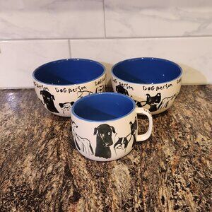 Anthropologie dog person bowls and mug